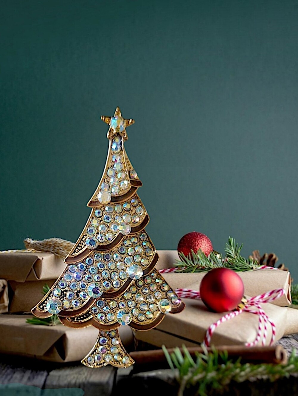 Aurora Borealis Rhinestone Christmas Tree Brooch